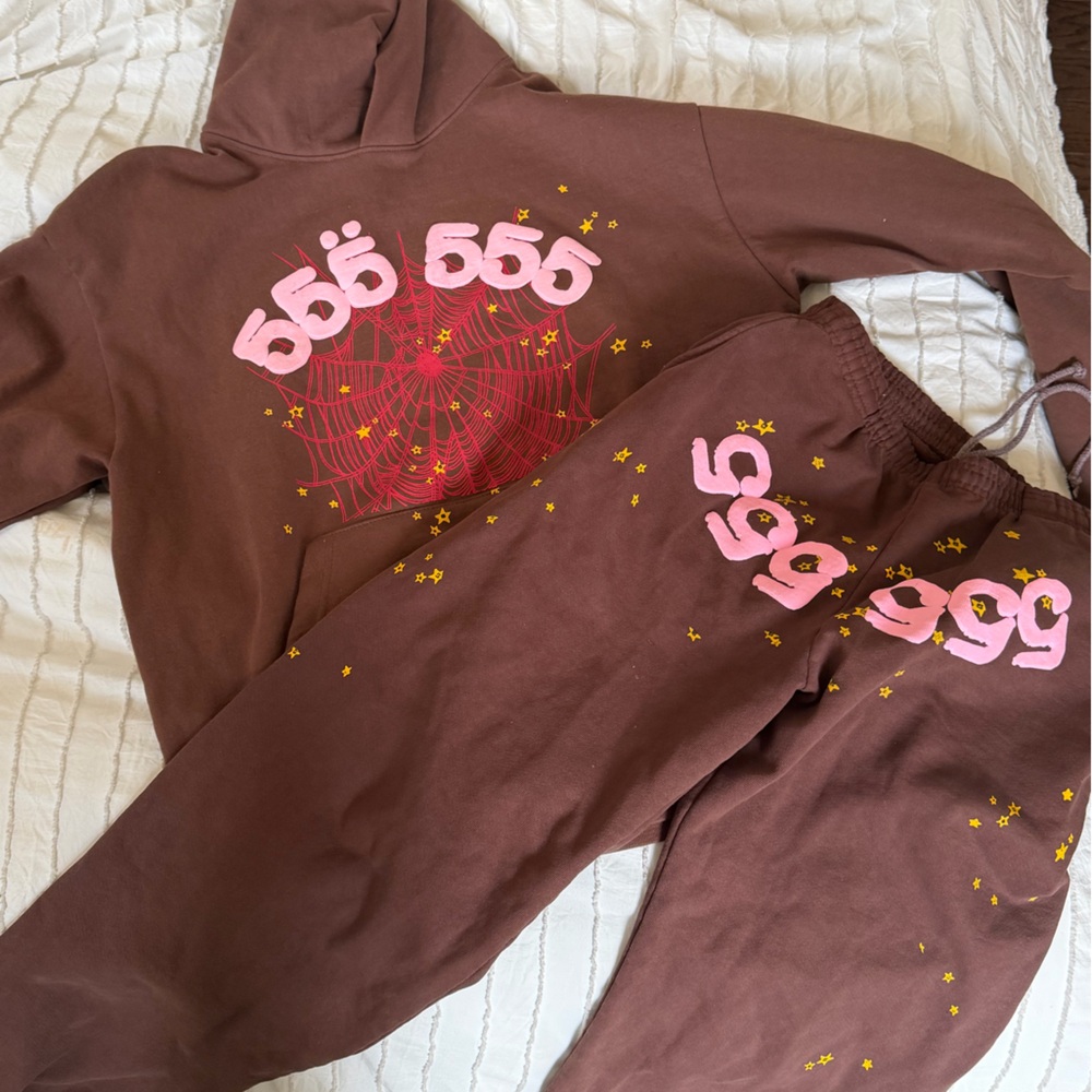 Sp5der Brown/Pink Hoodie and Sweatpants Set